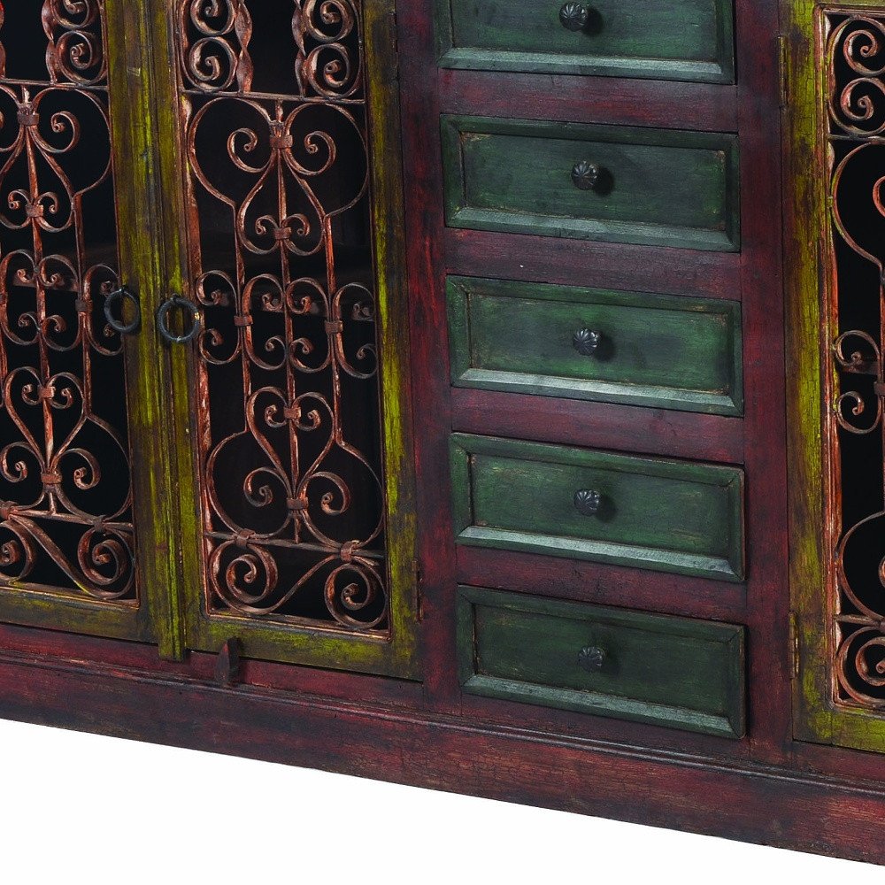Red Distressed Solid Wood Five Drawer Buffet Table with Four Doors - 82-inch