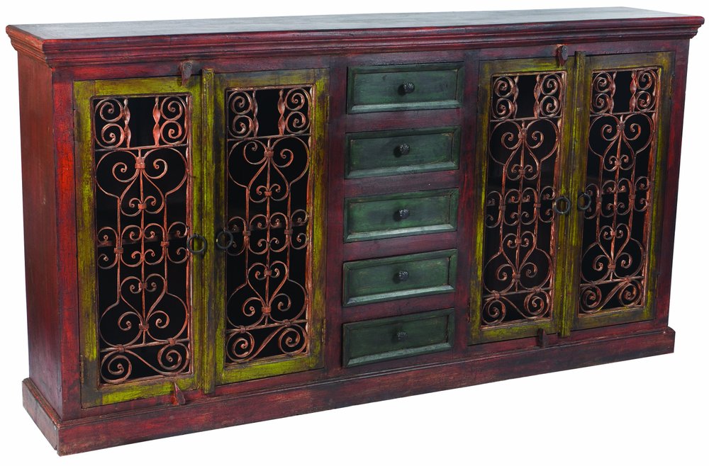 Red Distressed Solid Wood Five Drawer Buffet Table with Four Doors - 82-inch