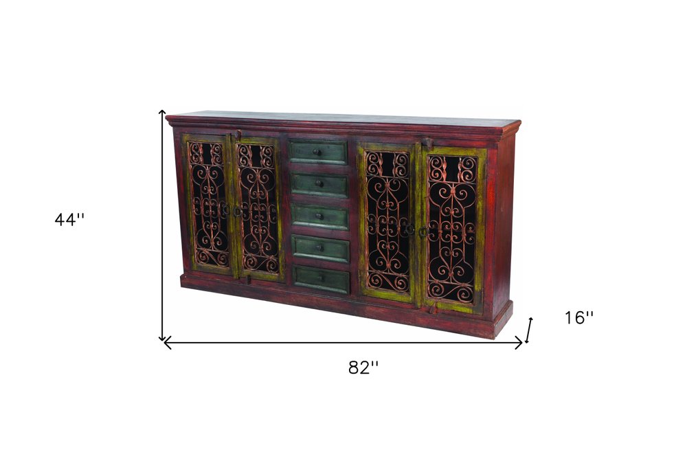 Red Distressed Solid Wood Five Drawer Buffet Table with Four Doors - 82-inch