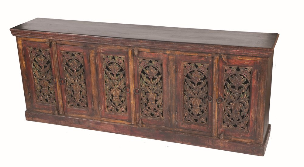 Red Distressed Solid Wood Carved Scrollwork Buffet Table with Six Doors