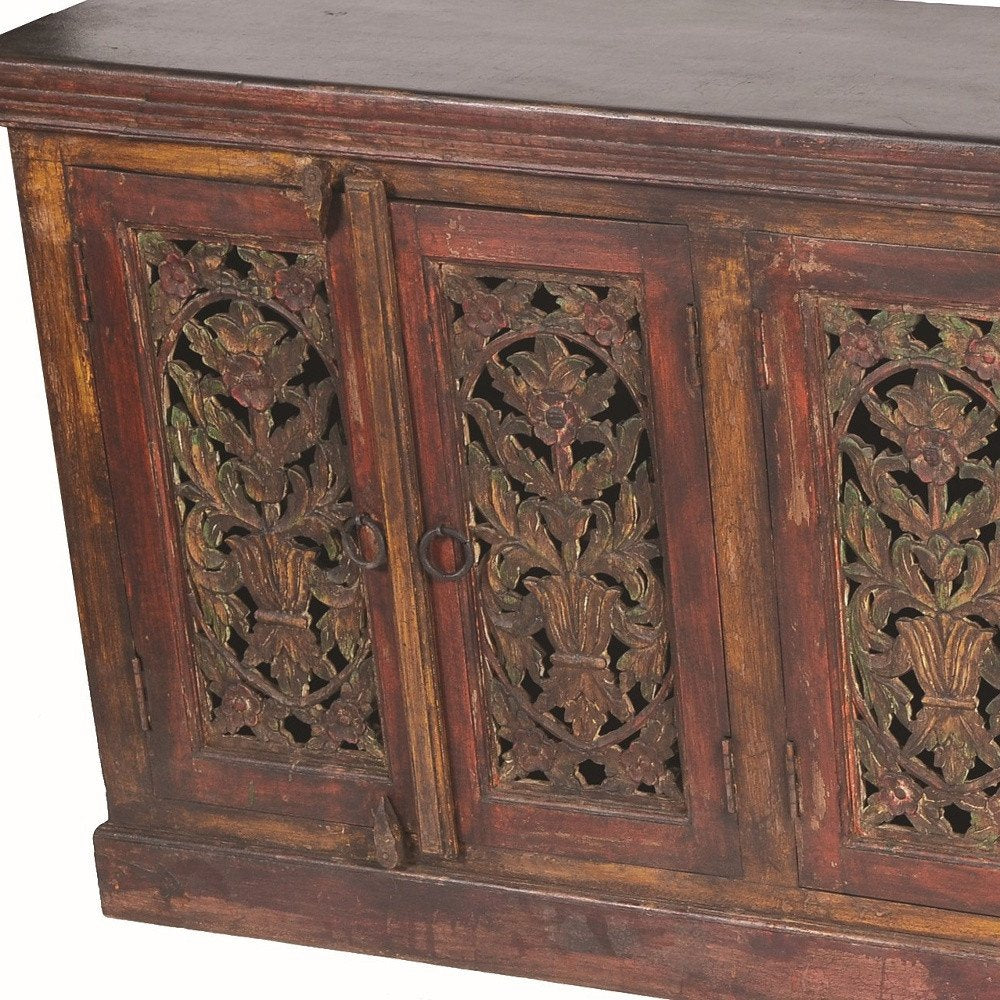 Red Distressed Solid Wood Carved Scrollwork Buffet Table with Six Doors