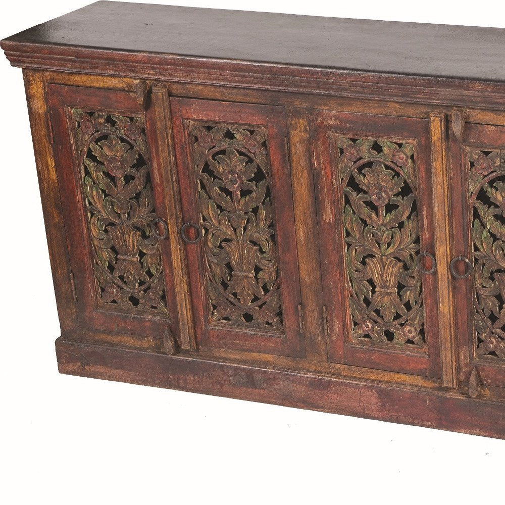 Red Distressed Solid Wood Carved Scrollwork Buffet Table with Six Doors