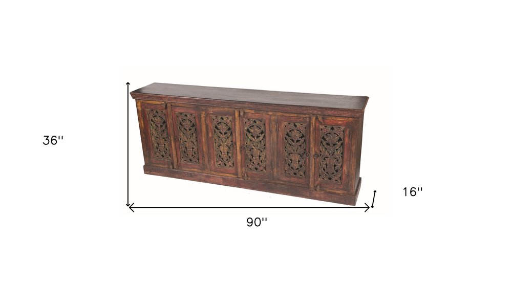 Red Distressed Solid Wood Carved Scrollwork Buffet Table with Six Doors