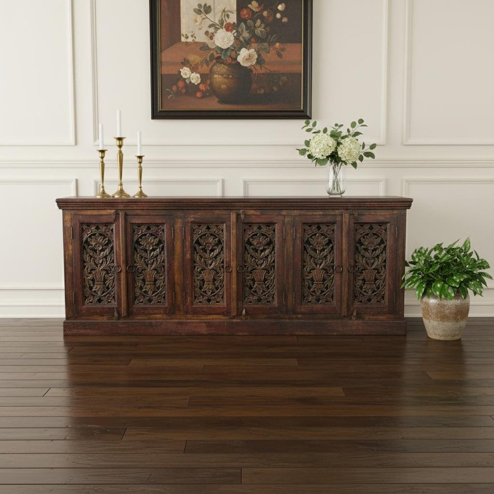Red Distressed Solid Wood Carved Scrollwork Buffet Table with Six Doors