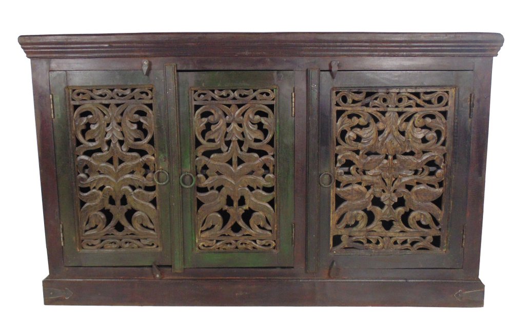 Brown Distressed Solid Wood Carved Scrollwork Buffet Table with Three Doors