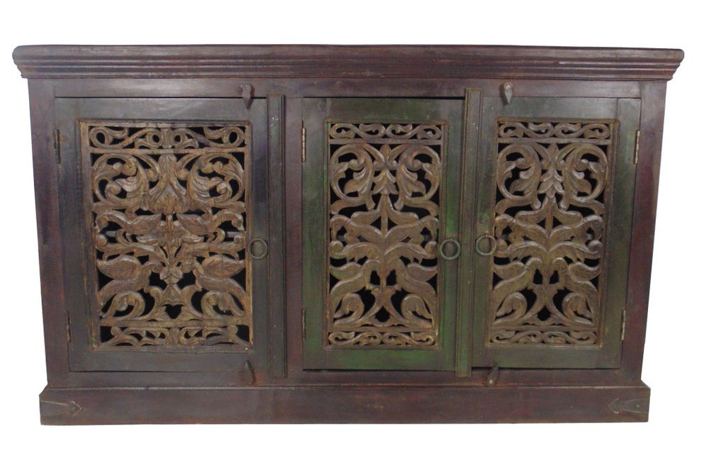 Brown Distressed Solid Wood Carved Scrollwork Buffet Table with Three Doors