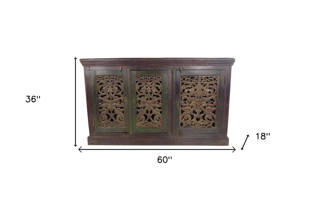 Brown Distressed Solid Wood Carved Scrollwork Buffet Table with Three Doors