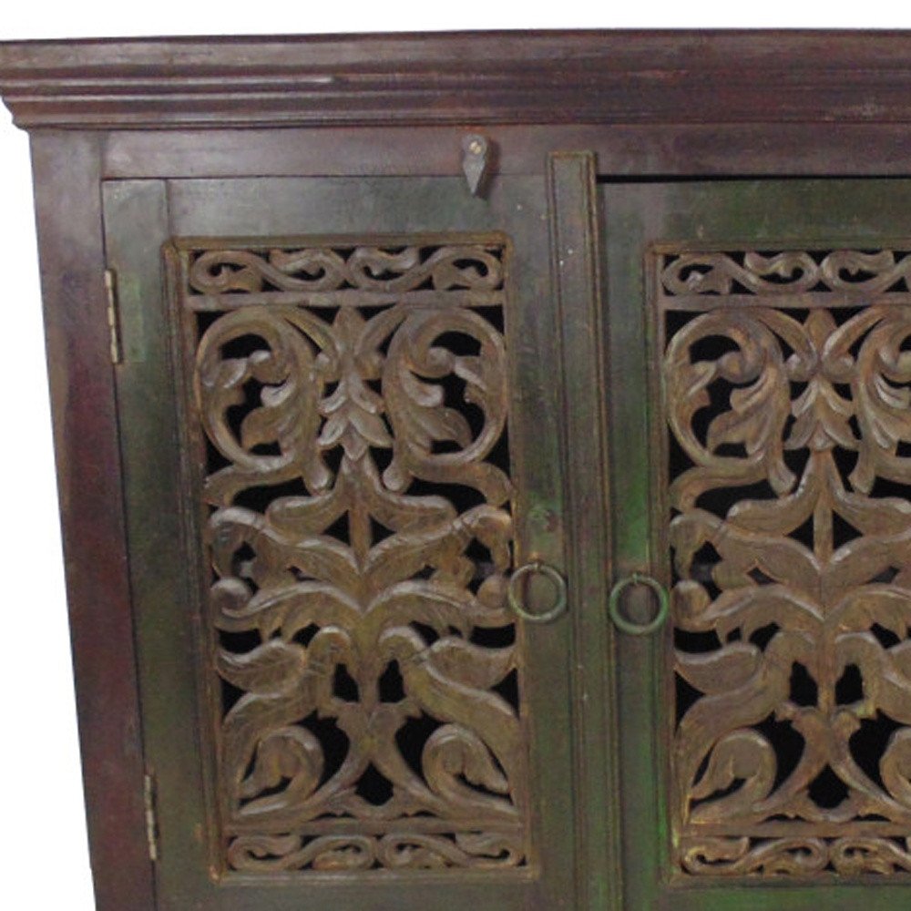 Brown Distressed Solid Wood Carved Scrollwork Buffet Table with Three Doors