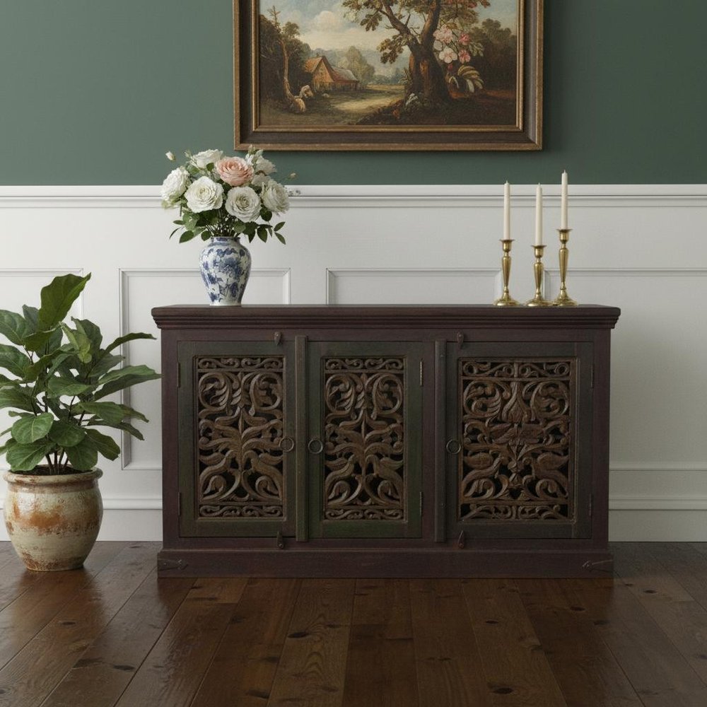 Brown Distressed Solid Wood Carved Scrollwork Buffet Table with Three Doors