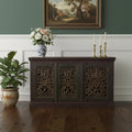 Brown Distressed Solid Wood Carved Scrollwork Buffet Table with Three Doors