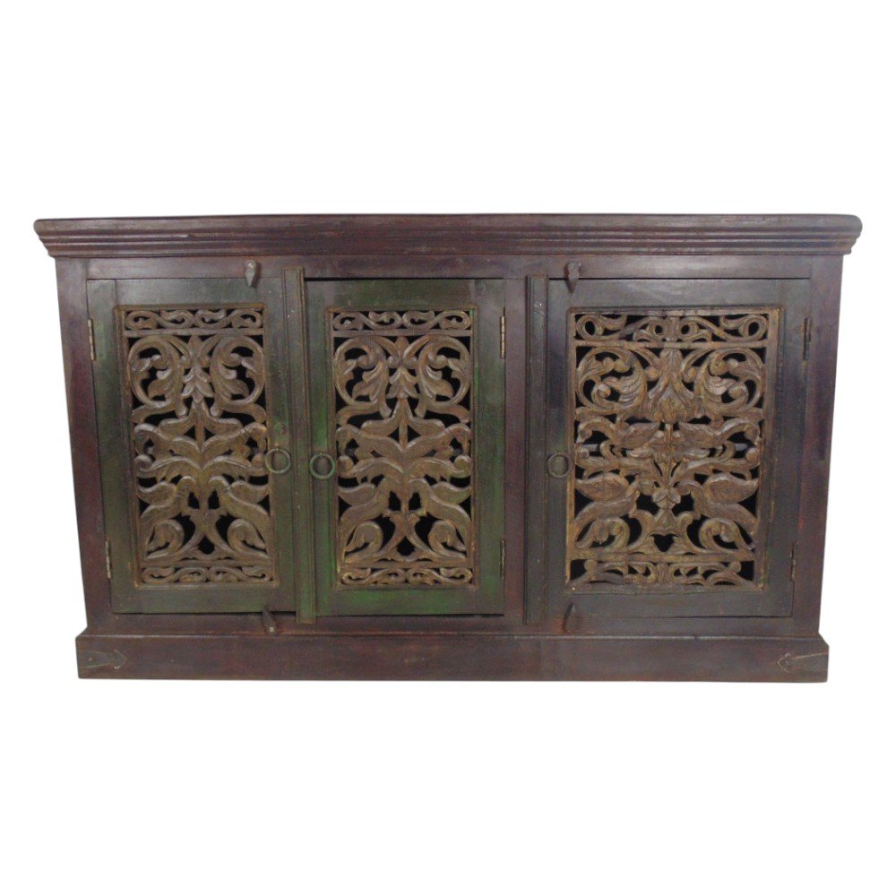 Brown Distressed Solid Wood Carved Scrollwork Buffet Table with Three Doors