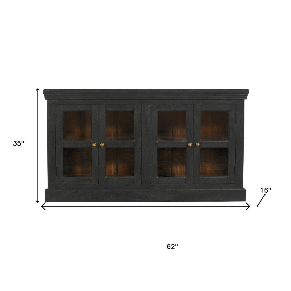 Charcoal Distressed Solid Wood Sideboard with Four Glass Doors - 62-inch