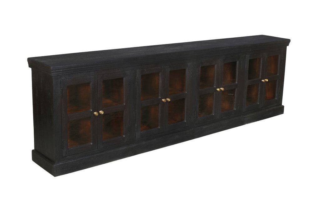 Charcoal Distressed Solid Wood Sideboard with 8 Glass Doors - 118-inch