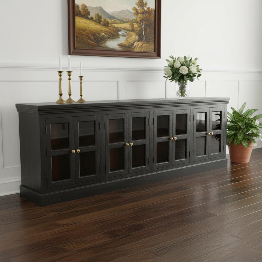 Charcoal Distressed Solid Wood Sideboard with 8 Glass Doors - 118-inch