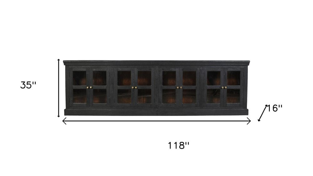 Charcoal Distressed Solid Wood Sideboard with 8 Glass Doors - 118-inch
