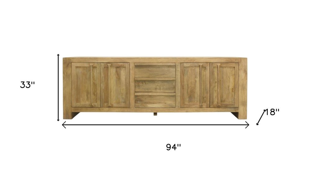 Natural Distressed Solid Wood Three Drawer Sideboard with Four Doors - 94-inch