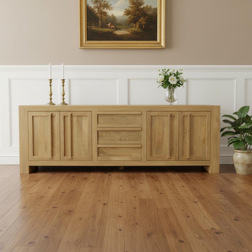 Natural Distressed Solid Wood Three Drawer Sideboard with Four Doors - 94-inch