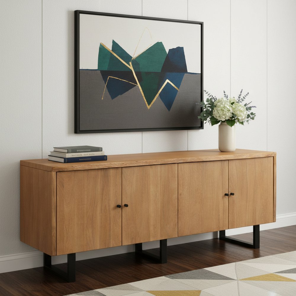 Natural Distressed Solid Wood Live Edge Credenza with Four Doors - 80-inch