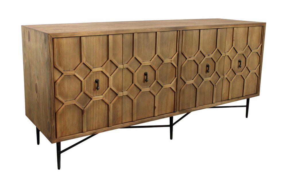 Brown Distressed Reclaimed Wood Carved Geometric Sideboard with Four Doors