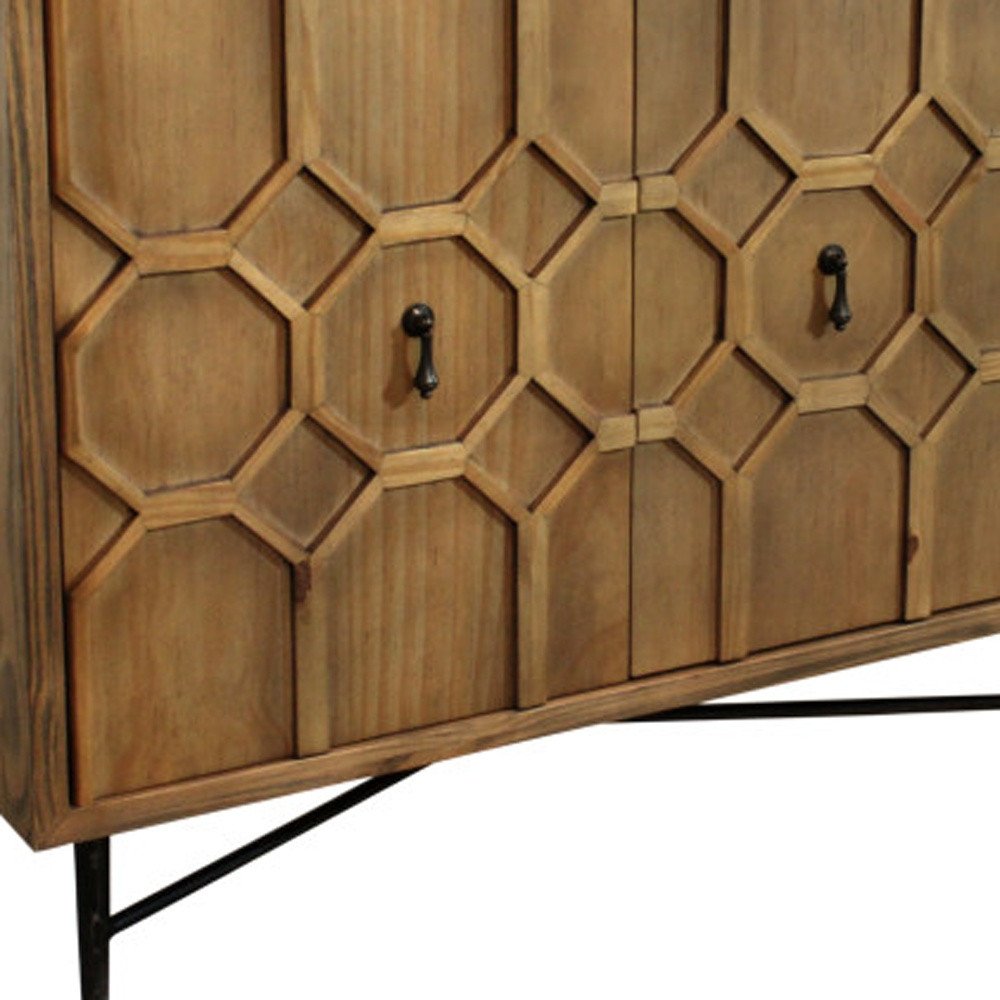 Brown Distressed Reclaimed Wood Carved Geometric Sideboard with Four Doors