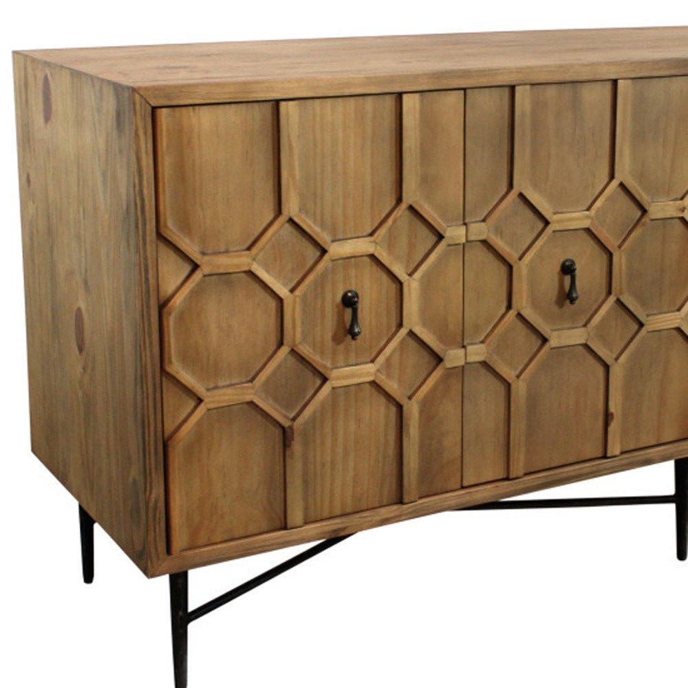 Brown Distressed Reclaimed Wood Carved Geometric Sideboard with Four Doors