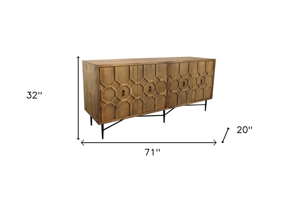 Brown Distressed Reclaimed Wood Carved Geometric Sideboard with Four Doors