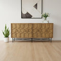 Brown Distressed Reclaimed Wood Carved Geometric Sideboard with Four Doors