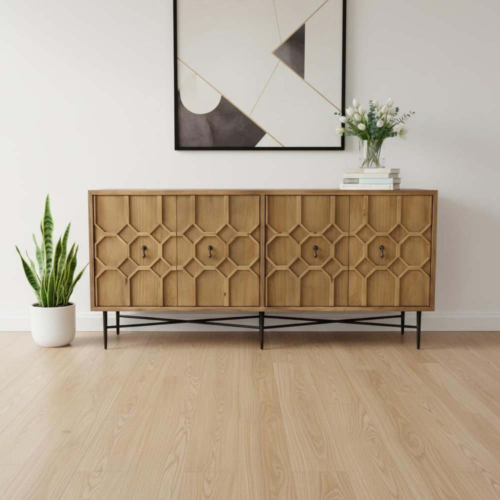 Brown Distressed Reclaimed Wood Carved Geometric Sideboard with Four Doors