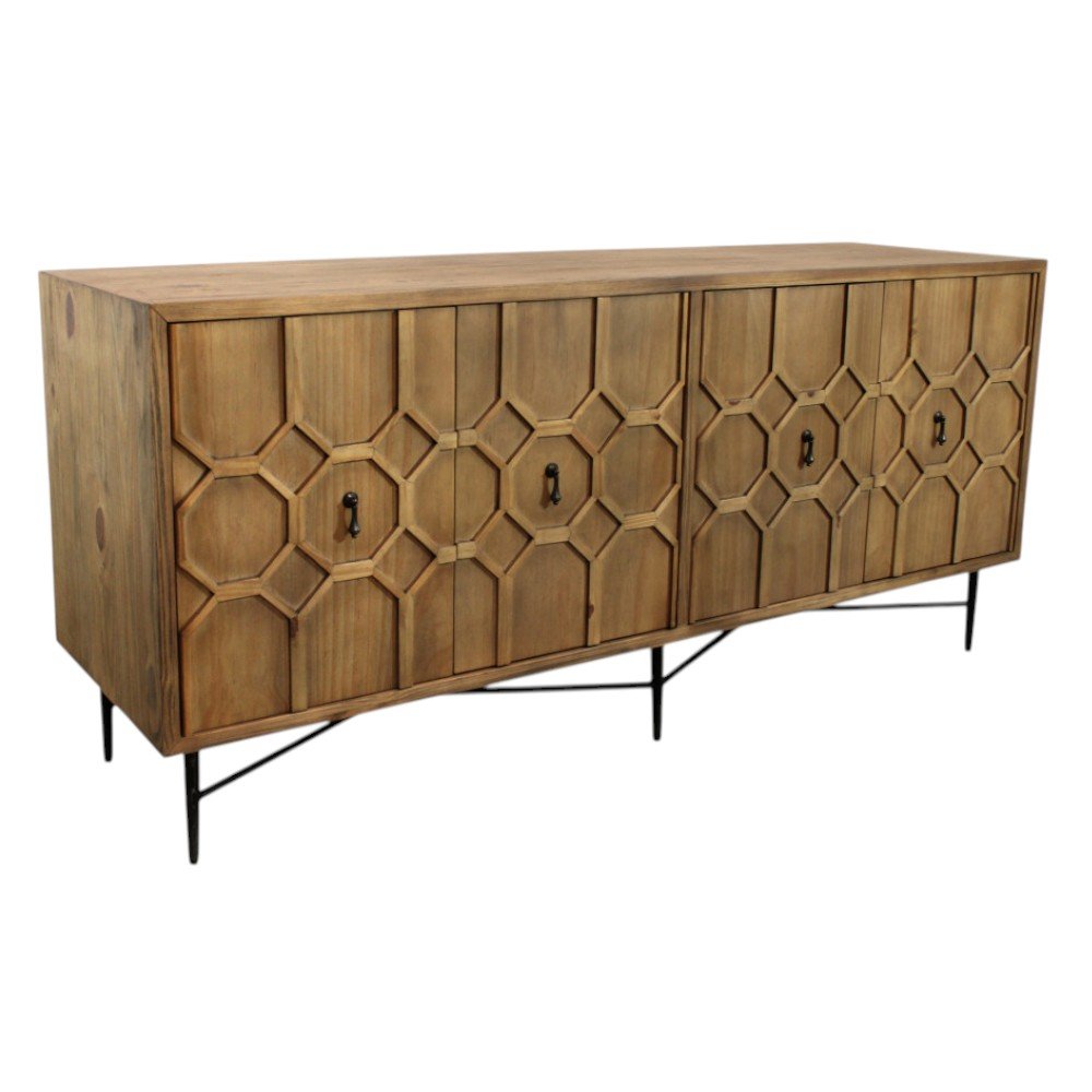 Brown Distressed Reclaimed Wood Carved Geometric Sideboard with Four Doors