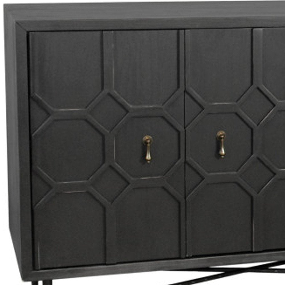 Black Distressed Reclaimed Wood Carved Geometric Sideboard with Six Doors