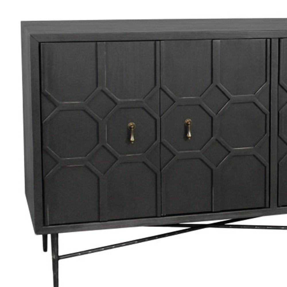 Black Distressed Reclaimed Wood Carved Geometric Sideboard with Six Doors