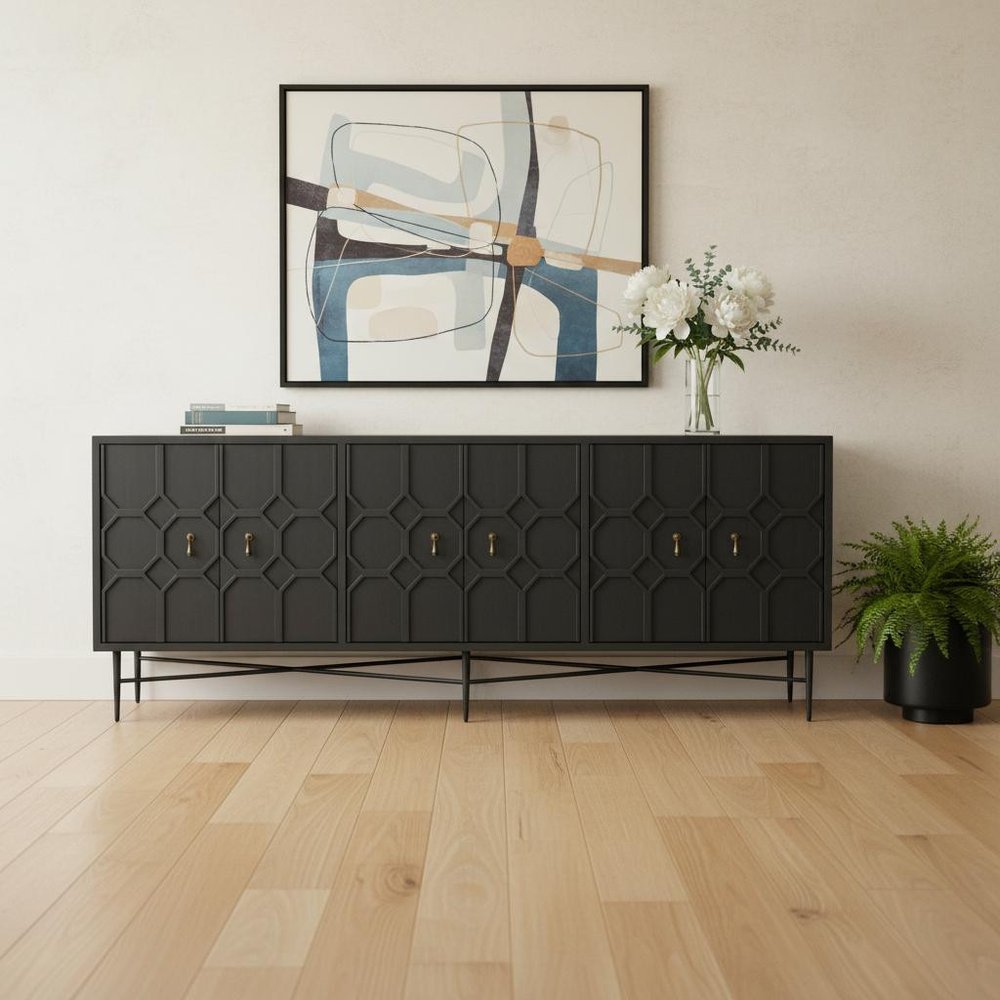 Black Distressed Reclaimed Wood Carved Geometric Sideboard with Six Doors