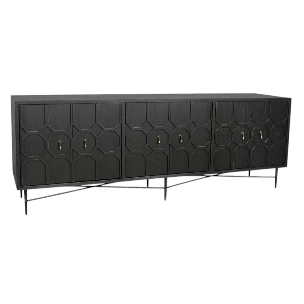 Black Distressed Reclaimed Wood Carved Geometric Sideboard with Six Doors