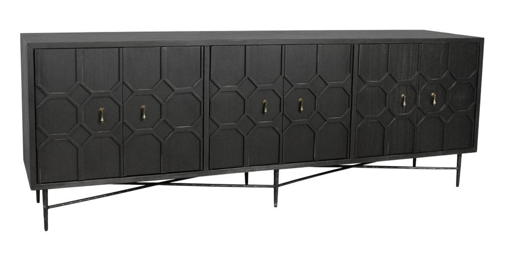 Black Distressed Reclaimed Wood Carved Geometric Sideboard with Six Doors