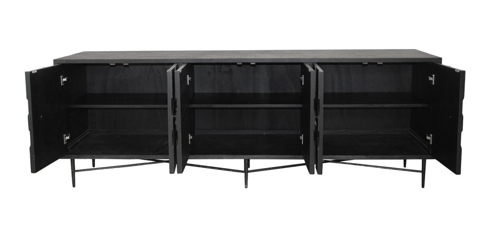 Black Distressed Reclaimed Wood Carved Geometric Sideboard with Six Doors