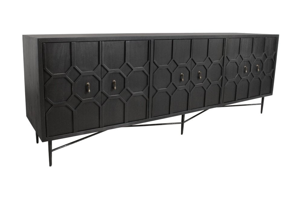 Black Distressed Reclaimed Wood Carved Geometric Sideboard with Six Doors