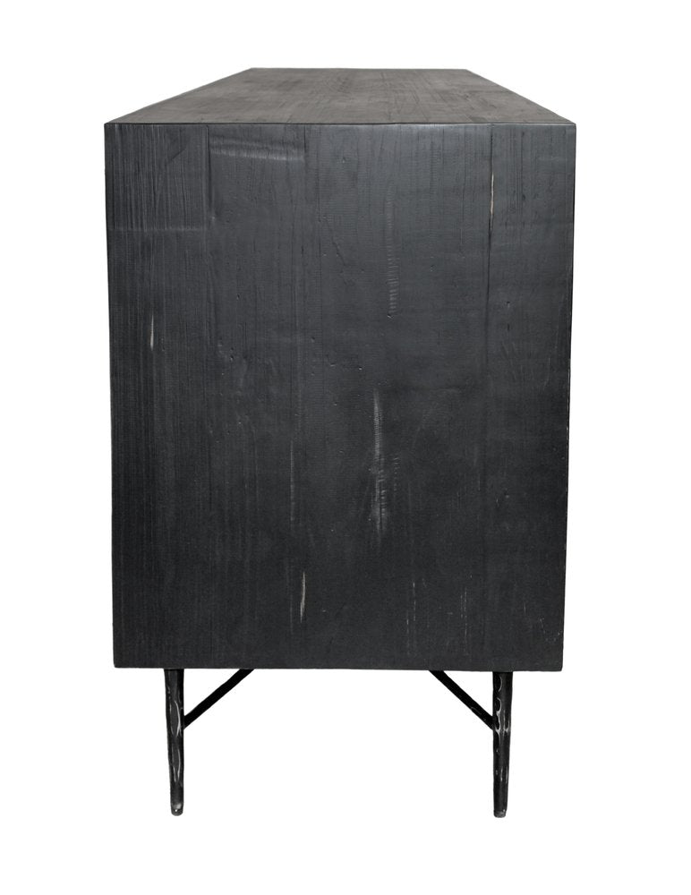 Black Distressed Reclaimed Wood Carved Geometric Sideboard with Six Doors