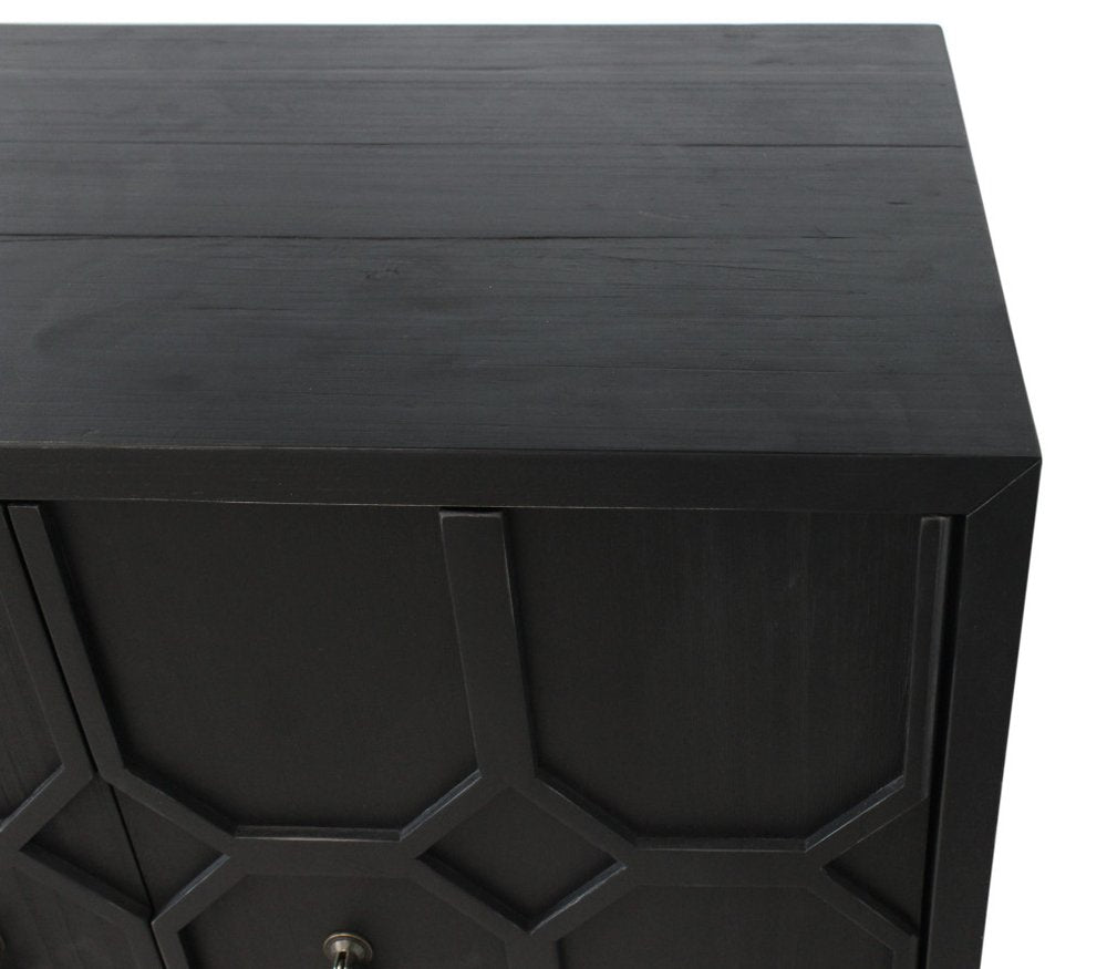 Black Distressed Reclaimed Wood Carved Geometric Sideboard with Six Doors