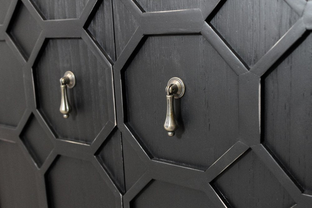 Black Distressed Reclaimed Wood Carved Geometric Sideboard with Six Doors