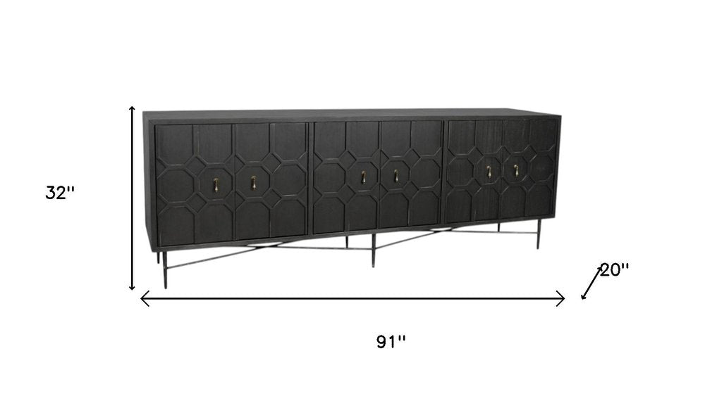 Black Distressed Reclaimed Wood Carved Geometric Sideboard with Six Doors