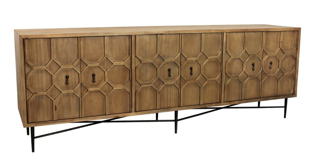 Natural Distressed Solid Wood Carved Geometric Sideboard with Six Doors