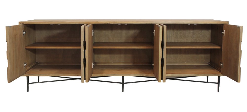 Natural Distressed Solid Wood Carved Geometric Sideboard with Six Doors