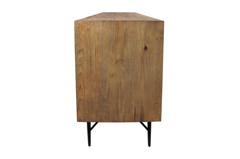 Natural Distressed Solid Wood Carved Geometric Sideboard with Six Doors