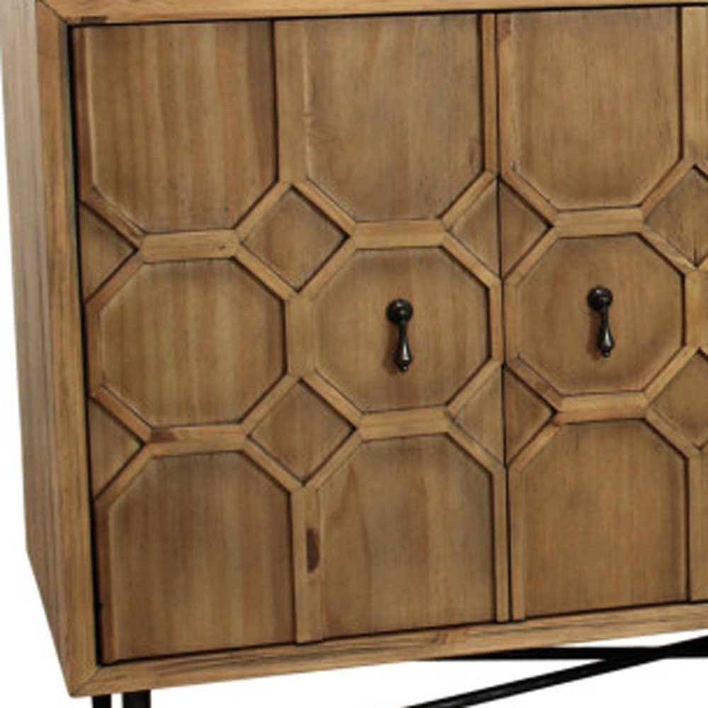 Natural Distressed Solid Wood Carved Geometric Sideboard with Six Doors
