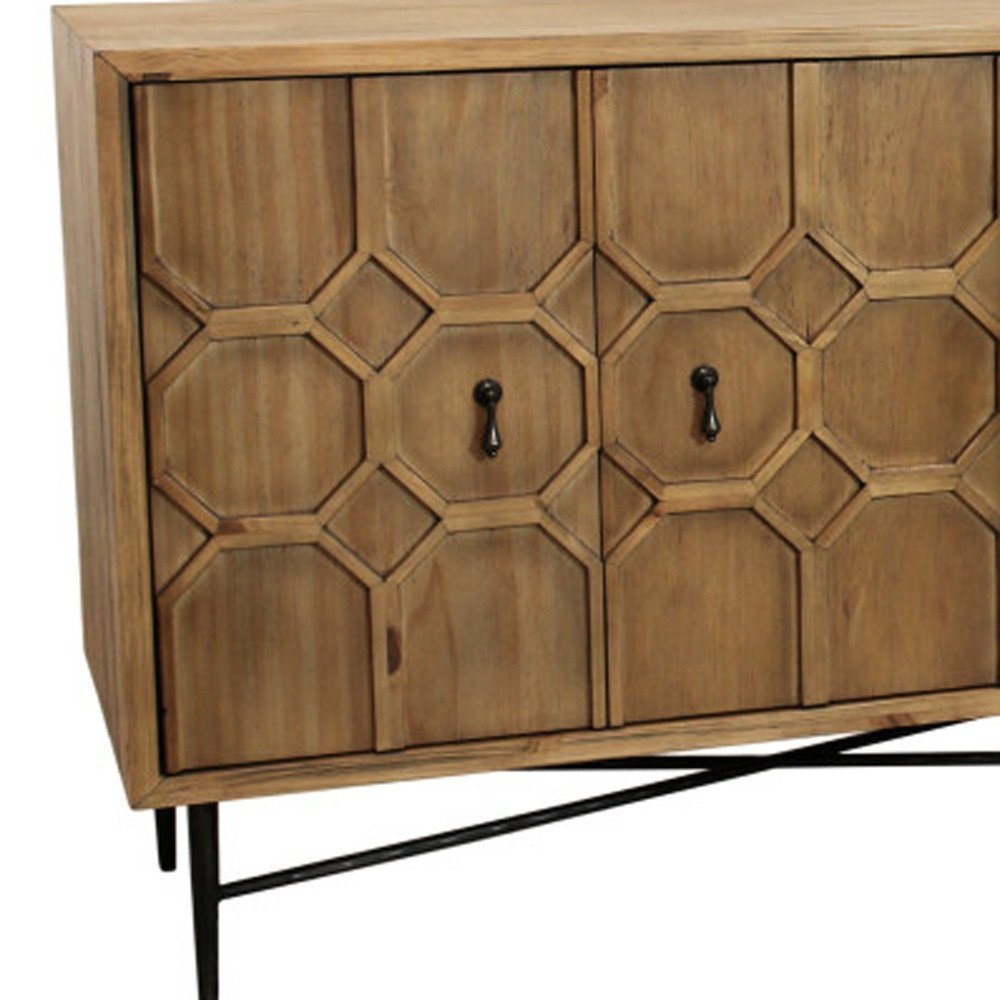 Natural Distressed Solid Wood Carved Geometric Sideboard with Six Doors