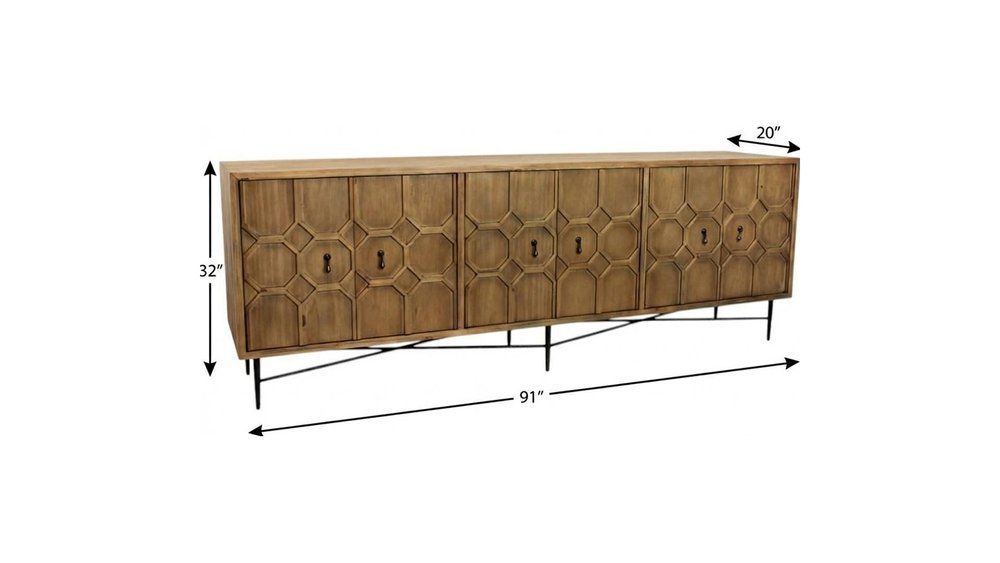 Natural Distressed Solid Wood Carved Geometric Sideboard with Six Doors