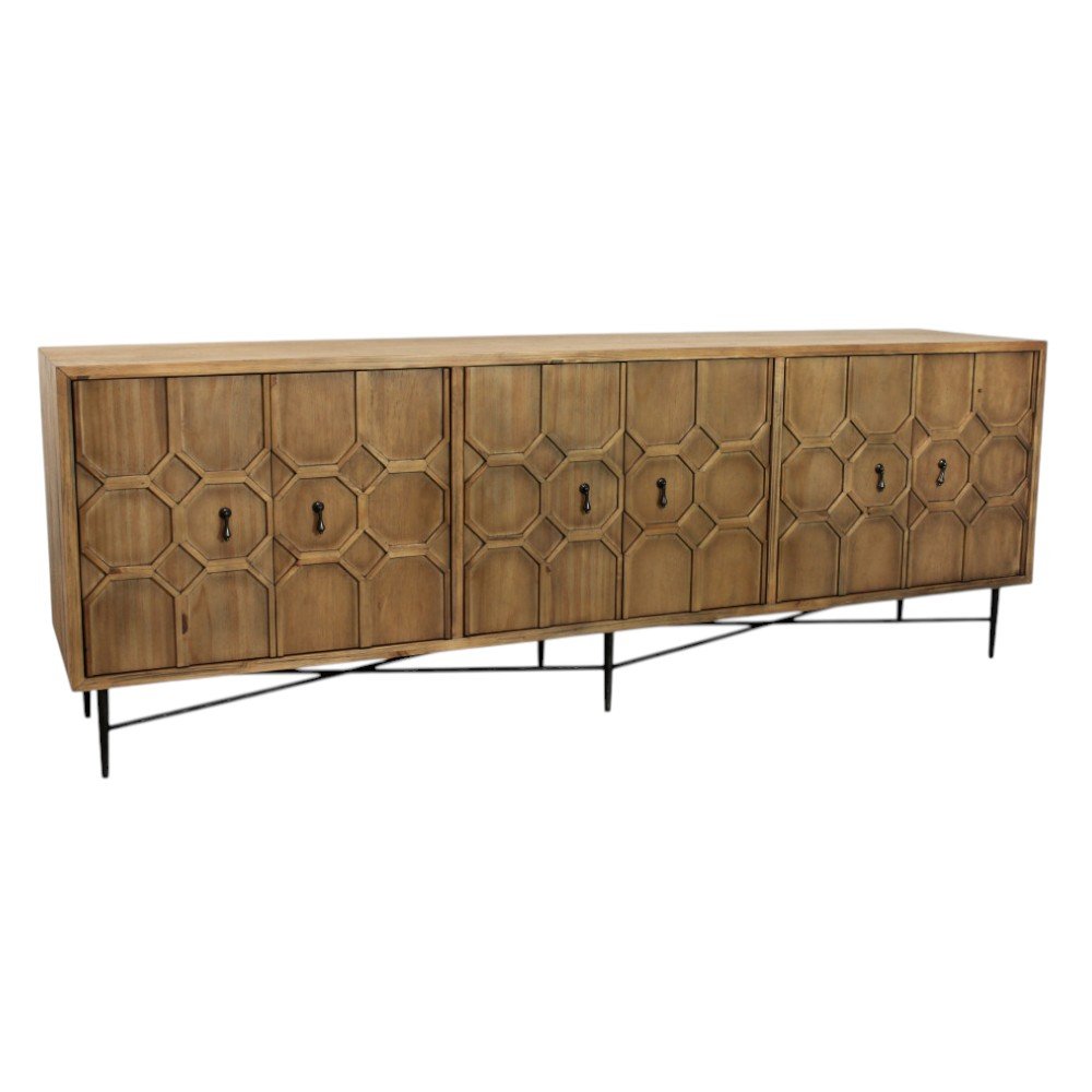 Natural Distressed Solid Wood Carved Geometric Sideboard with Six Doors