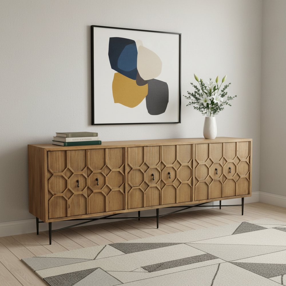 Natural Distressed Solid Wood Carved Geometric Sideboard with Six Doors