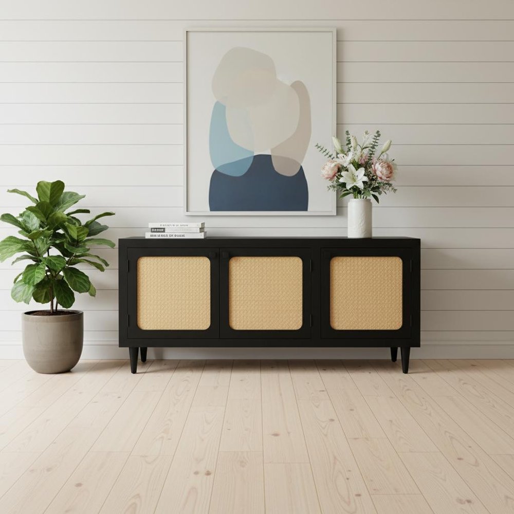 Black Distressed Solid Wood Sideboard with Three Doors - 60-inch