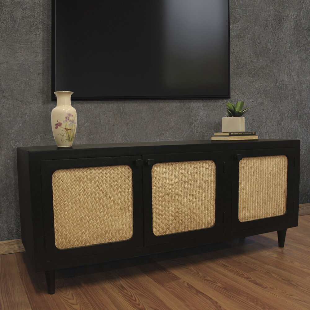 Black Distressed Solid Wood Sideboard with Three Doors - 60-inch